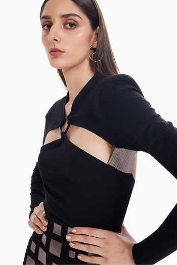 Sameer Madan_Black Jersey Keyhole Neck Pop Filter Bodycon Geometric Grid Pattern Dress _Online_at_Aza_Fashions