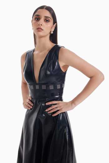 Sameer Madan_Black Faux Leather Plunge Neck Mood Dress _Online_at_Aza_Fashions