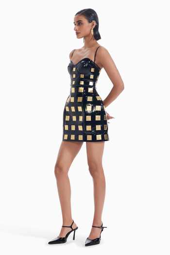 Sameer Madan_Black Faux Leather Sweetheart Neck Main Character Metallic Applique Work Dress _Online_at_Aza_Fashions