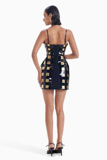 Shop_Sameer Madan_Black Faux Leather Sweetheart Neck Main Character Metallic Applique Work Dress _at_Aza_Fashions