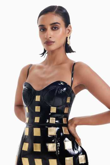Buy_Sameer Madan_Black Faux Leather Sweetheart Neck Main Character Metallic Applique Work Dress _Online_at_Aza_Fashions