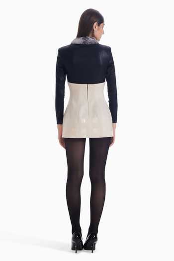 Shop_Sameer Madan_Black Faux Fur, Felt Sweetheart Neck Muted Fame Square Pattern Short Dress _at_Aza_Fashions
