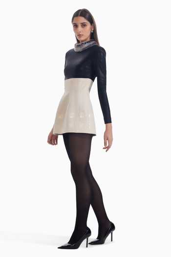 Sameer Madan_Black Faux Fur, Felt Sweetheart Neck Muted Fame Square Pattern Short Dress _Online_at_Aza_Fashions
