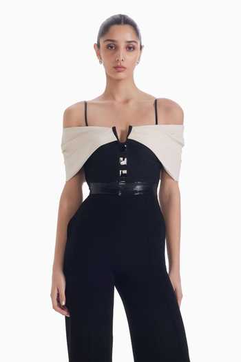 Sameer Madan_Black Crepe V-neck, Off-shoulder Spotlight Spiral Luxury Jumpsuit _Online_at_Aza_Fashions