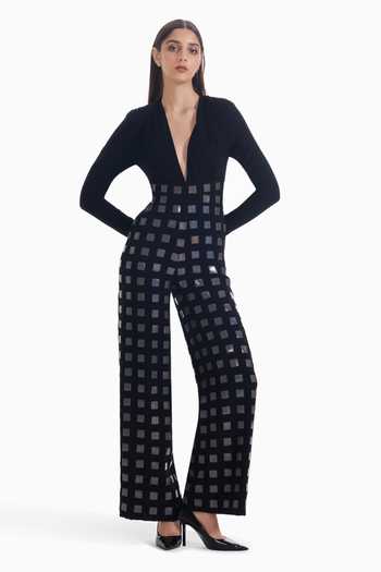 Buy_Sameer Madan_Black Crepe Plunge Neck Shadow Tease Luxury Jumpsuit _at_Aza_Fashions