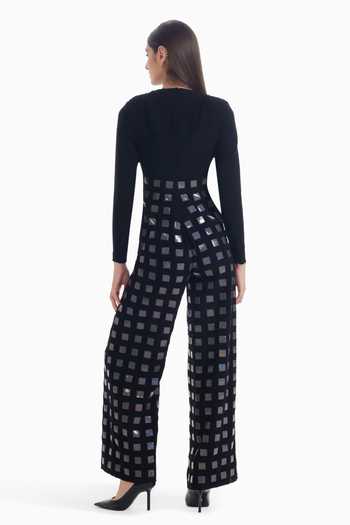 Shop_Sameer Madan_Black Crepe Plunge Neck Shadow Tease Luxury Jumpsuit _at_Aza_Fashions