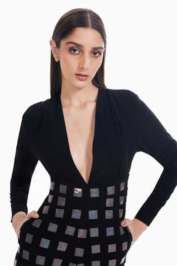 Sameer Madan_Black Crepe Plunge Neck Shadow Tease Luxury Jumpsuit _Online_at_Aza_Fashions