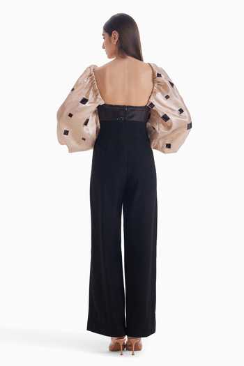 Shop_Sameer Madan_Black Organza, Crepe V-neck Playlist Proof And Jumpsuit _at_Aza_Fashions