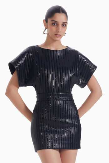 Sameer Madan_Black Jersey Round Neck Thrill Line Textured Dress _Online_at_Aza_Fashions
