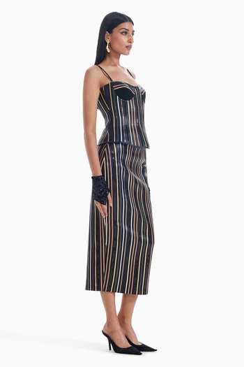 Sameer Madan_Black Crepe, Faux Leather Sequins Sweetheart Neck Drama Protocol Striped Corset _Online_at_Aza_Fashions