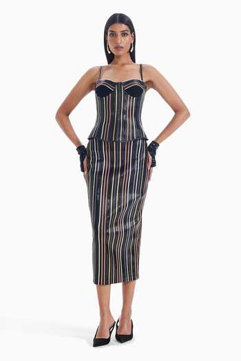 Shop_Sameer Madan_Black Crepe, Faux Leather Sequins Sweetheart Neck Drama Protocol Striped Corset _at_Aza_Fashions