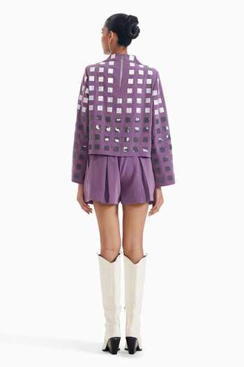 Shop_Sameer Madan_Purple Crepe, Faux Leather High Neck Told Me Twice Grid Embellished Top _at_Aza_Fashions