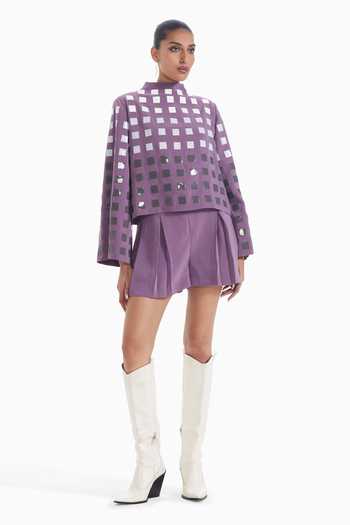 Sameer Madan_Purple Crepe, Faux Leather High Neck Told Me Twice Grid Embellished Top _Online_at_Aza_Fashions