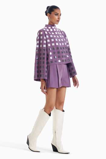 Buy_Sameer Madan_Purple Crepe, Faux Leather High Neck Told Me Twice Grid Embellished Top _Online_at_Aza_Fashions