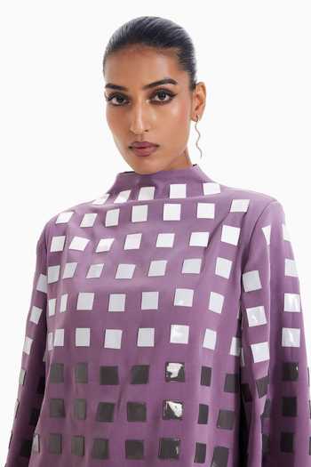 Shop_Sameer Madan_Purple Crepe, Faux Leather High Neck Told Me Twice Grid Embellished Top _Online_at_Aza_Fashions