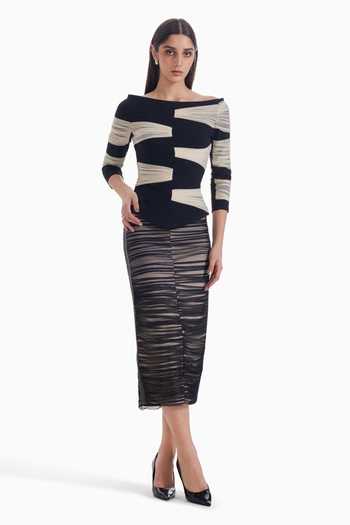Sameer Madan_Black Jersey, Tulle Off-shoulder Mesh Emotions Ruched Sheer Top _Online_at_Aza_Fashions