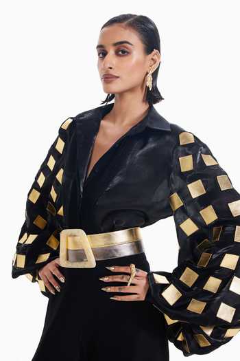 Sameer Madan_Black Organza V-neck Hot Mess Leather Applique Work Blouse _Online_at_Aza_Fashions