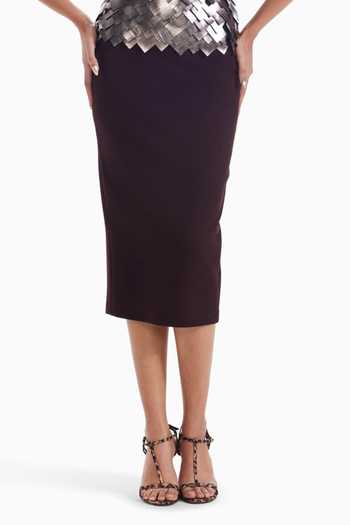 Sameer Madan_Burgundy Faux Leather Midi Skirt _Online_at_Aza_Fashions