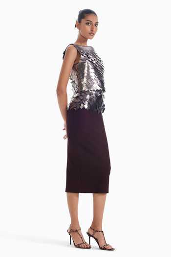 Buy_Sameer Madan_Burgundy Faux Leather Midi Skirt _Online_at_Aza_Fashions