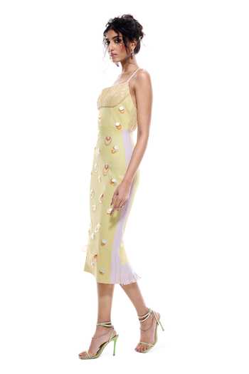 Sameer Madan_Green Jersey, Faux Leather Square Neck Marambaia Mist Bodycon Dress _Online_at_Aza_Fashions