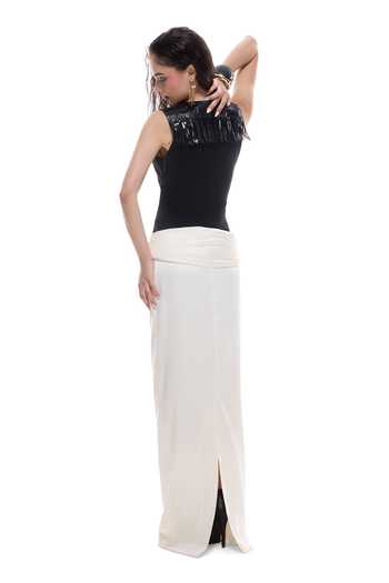 Shop_Sameer Madan_Black Satin, Jersey, Faux Leather Plunge Neck Tamarindo Shell Bodycon Maxi Dress _at_Aza_Fashions
