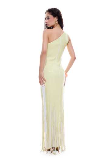 Shop_Sameer Madan_Green Crepe, Faux Leather, Jersey One Shoulder Averrhoa Bodycon Fringe Dress _at_Aza_Fashions