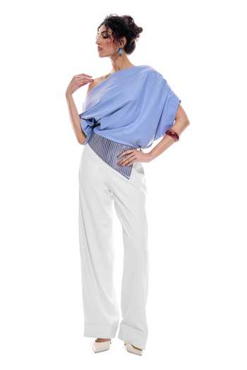 Sameer Madan_Blue Cotton, Faux Leather One Shoulder Sea Whisper Asymmetrical Top _Online_at_Aza_Fashions