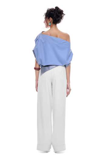 Shop_Sameer Madan_Blue Cotton, Faux Leather One Shoulder Sea Whisper Asymmetrical Top _at_Aza_Fashions