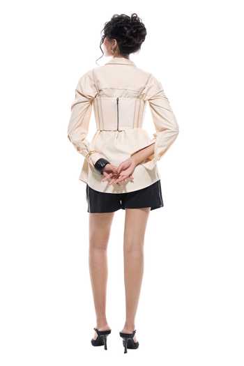 Shop_Sameer Madan_Beige Crepe, Faux Leather Fringe Bandeau Deusa Dust Striped Luxury Corset Top _at_Aza_Fashions