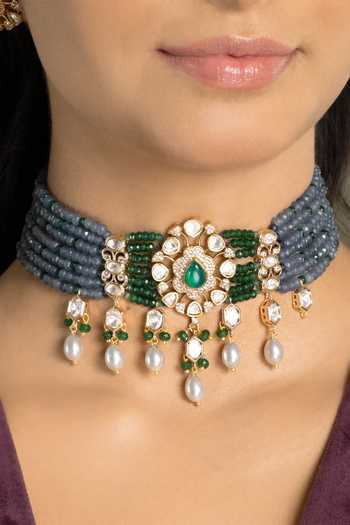 Joules by Radhika_Blue Dakshina Stone Embellished Necklace Set _Online_at_Aza_Fashions