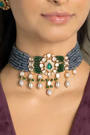 Buy_Joules by Radhika_Blue Dakshina Stone Embellished Necklace Set _at_Aza_Fashions