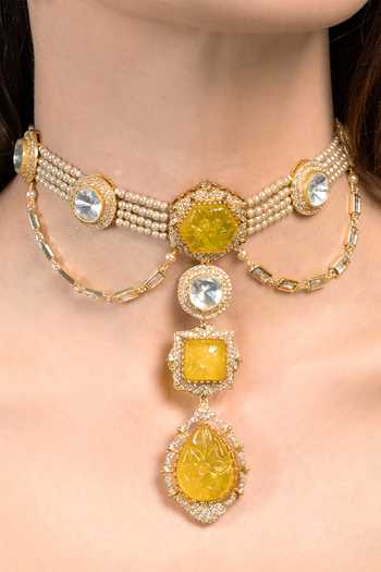 Joules by Radhika_Yellow Gaurika Pearl Embellished Necklace Set _Online_at_Aza_Fashions