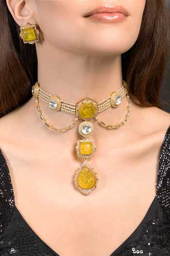 Buy_Joules by Radhika_Yellow Gaurika Pearl Embellished Necklace Set _at_Aza_Fashions