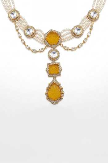 Shop_Joules by Radhika_Yellow Gaurika Pearl Embellished Necklace Set _at_Aza_Fashions