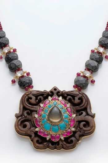 Shop_Joules by Radhika_Pink Yashvi Wooden Pendant Necklace Set _at_Aza_Fashions