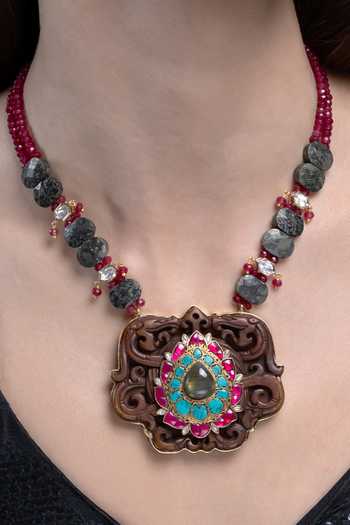 Joules by Radhika_Pink Yashvi Wooden Pendant Necklace Set _Online_at_Aza_Fashions