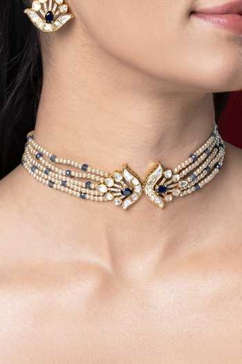 Buy_Joules by Radhika_White Sakshi Pearl Embellished Choker Set _at_Aza_Fashions