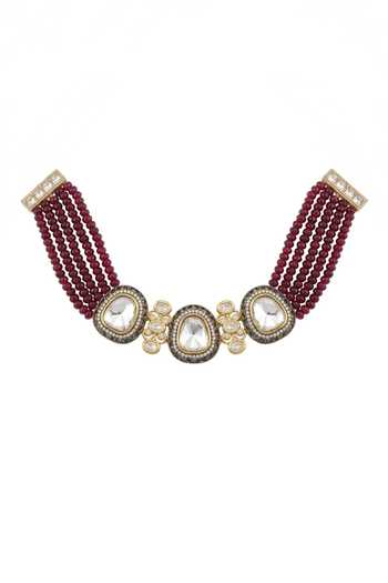 Shop_Joules by Radhika_Maroon Jivika Beaded Embellished Necklace Set _at_Aza_Fashions