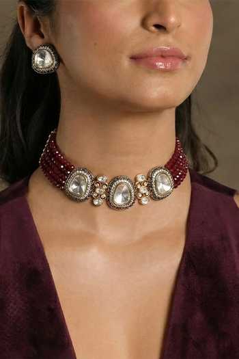 Buy_Joules by Radhika_Maroon Jivika Beaded Embellished Necklace Set _at_Aza_Fashions