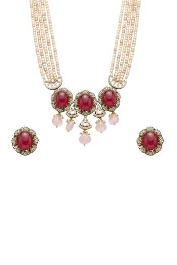 Shop_Joules by Radhika_Red Leher Stone Studded Pendant Necklace Set _at_Aza_Fashions
