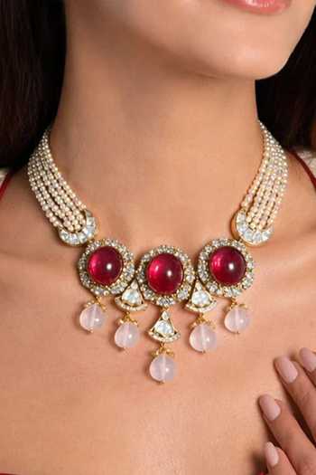 Buy_Joules by Radhika_Red Leher Stone Studded Pendant Necklace Set _at_Aza_Fashions