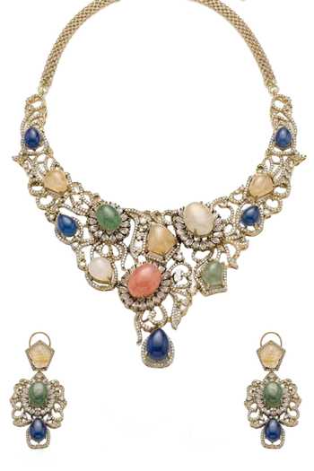 Shop_Joules by Radhika_Green Chitrika Multistone Embellished Necklace Set _at_Aza_Fashions
