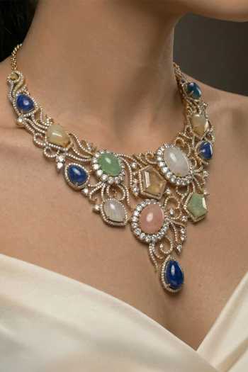 Buy_Joules by Radhika_Green Chitrika Multistone Embellished Necklace Set _Online_at_Aza_Fashions