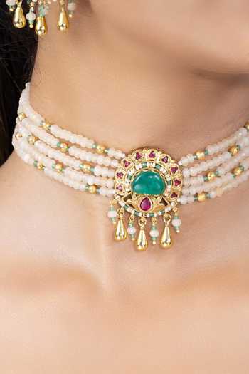 Joules by Radhika_White Aaeha Layered Embellished Pendant Choker Set _Online_at_Aza_Fashions