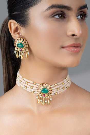 Buy_Joules by Radhika_White Aaeha Layered Embellished Pendant Choker Set _at_Aza_Fashions