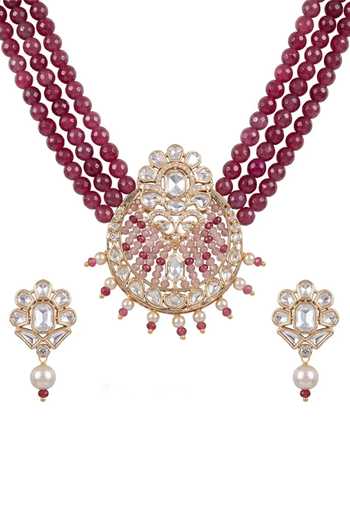 Shop_Joules By Radhika_Pink Zaavi Bead Embellished Pendant Necklace Set _at_Aza_Fashions