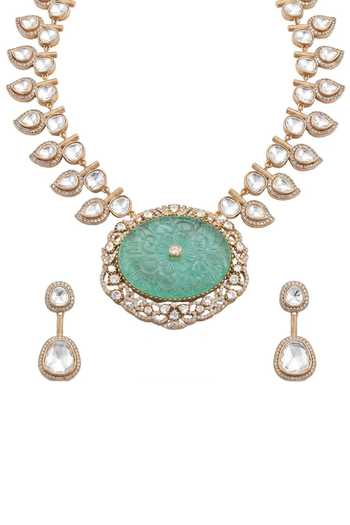 Shop_Joules by Radhika_Green Laisha Carved Necklace Set _at_Aza_Fashions