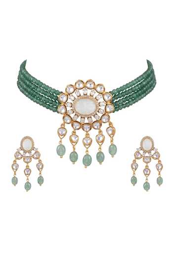 Shop_Joules by Radhika_Green Tiyra Beaded Embellished Choker Set _at_Aza_Fashions