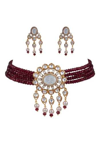 Shop_Joules by Radhika_Maroon Nayra Kundan Embellished Pendant Choker Set _at_Aza_Fashions