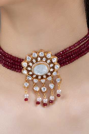 Joules by Radhika_Maroon Nayra Kundan Embellished Pendant Choker Set _Online_at_Aza_Fashions